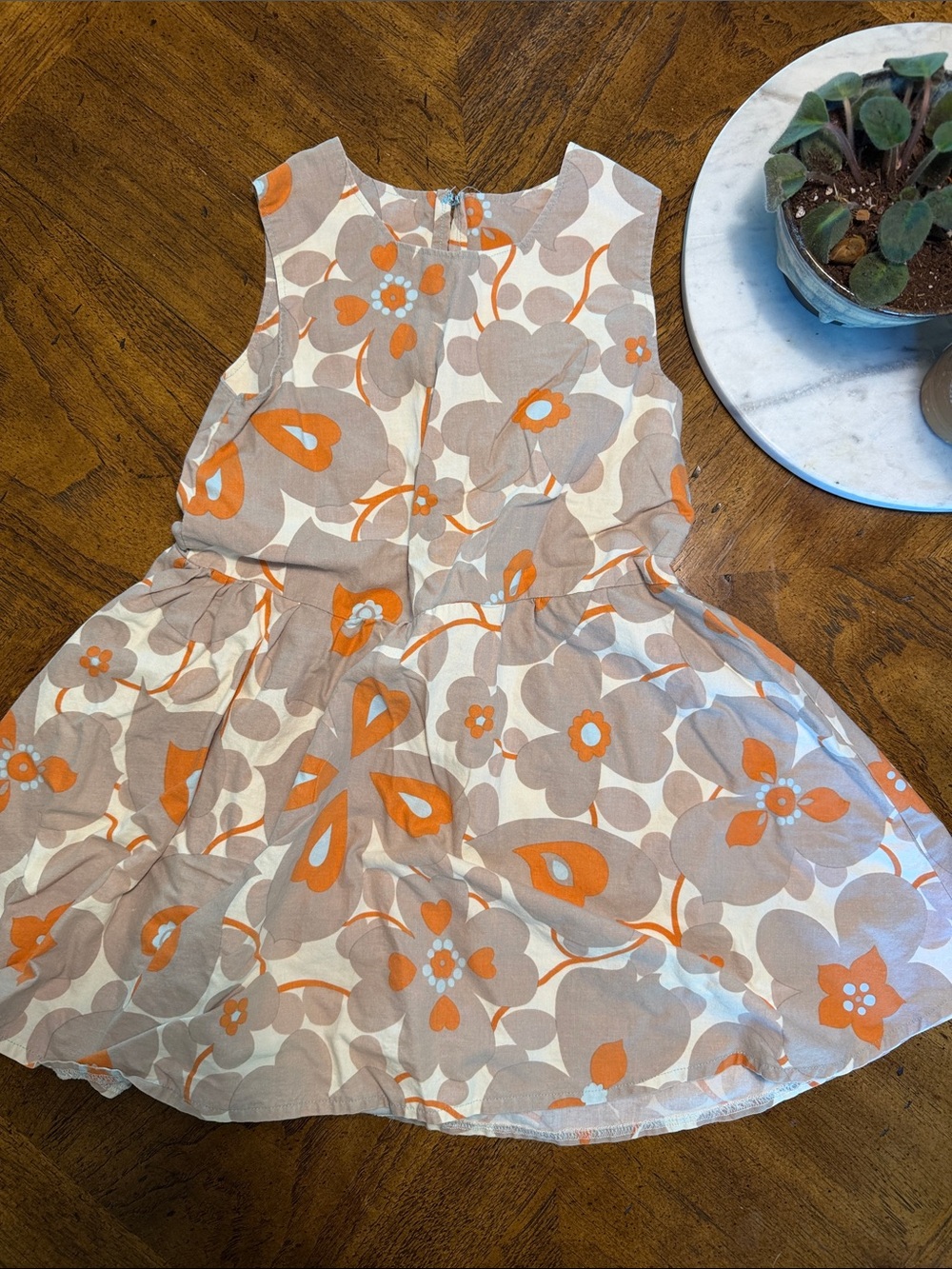 Girls Sleeveless Floral Dress in Orange and Taupe